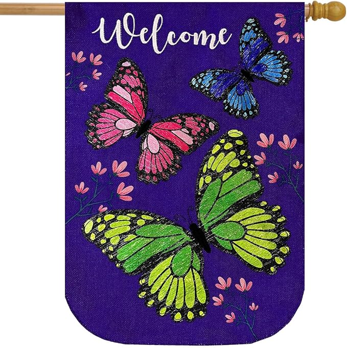 Butterfly Trio Spring Burlap House Flag 40" x 28" Briarwood Lane