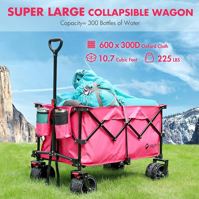 VILLEY Collapsible Folding Wagon with Big Wheels, Enlarged 225lbs Capacity, All Terrain Wagons Carts Heavy Duty Foldable, Portable Utility Garden Cart with 2 Cup Holders and Brake, Pink.