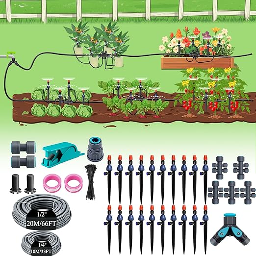 MYMULIKE 100FT Drip Irrigation System, Adjustable Drip Emitters, Upgraded Drip Irrigation Kit Automatic Irrigation Kit Garden Watering System for Flower Bed, Raised Beds, Lawn, Greenhouses