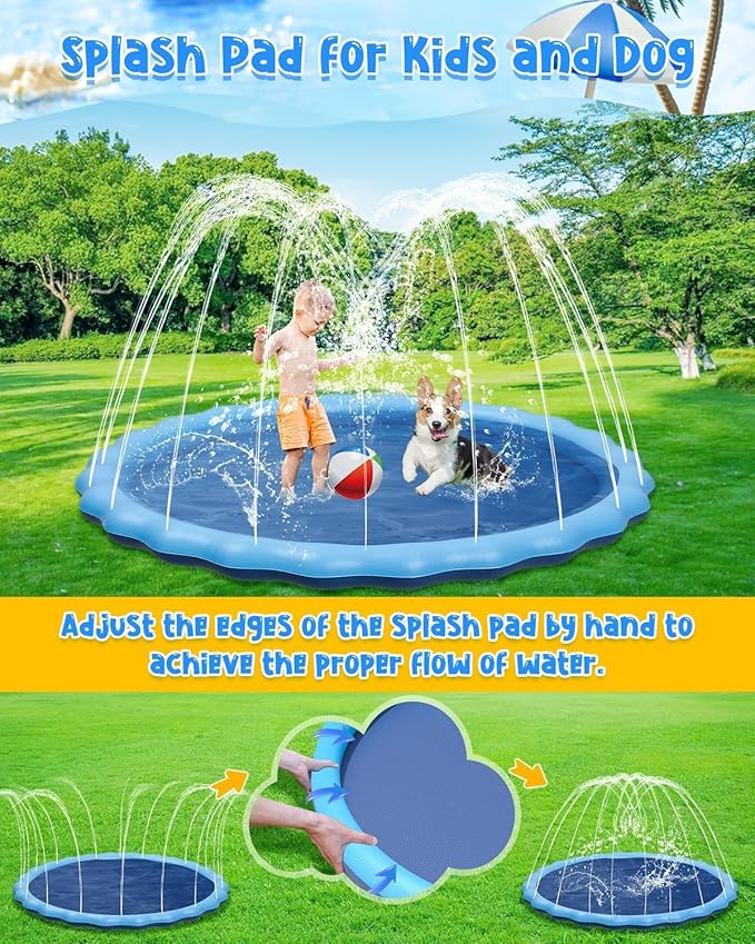 YSJILIDE Non-Slip Large Sprinkler Splash Play Mat,Splash Pad for Kids and Dog (Blue, XXXXXL-120)
