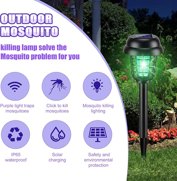Qualirey 12 Pcs Solar Mosquito Zapper Outdoor Waterproof Solar Powered Bug Zapper Outdoor Mosquito Killer Lamp Trap Repellent Light for Garden Yard Insect (Purple and Colorful Light,Black)