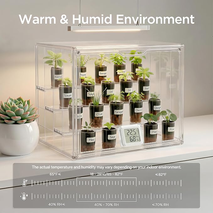 HBlife Mini Greenhouse for Indoor, Clear Stackable Green House with Magnetic Door & Adjustable Drainage Dividers, Tabletop Portable Greenhouse for Small Plants Nursery Germination and Display, 3 Pack