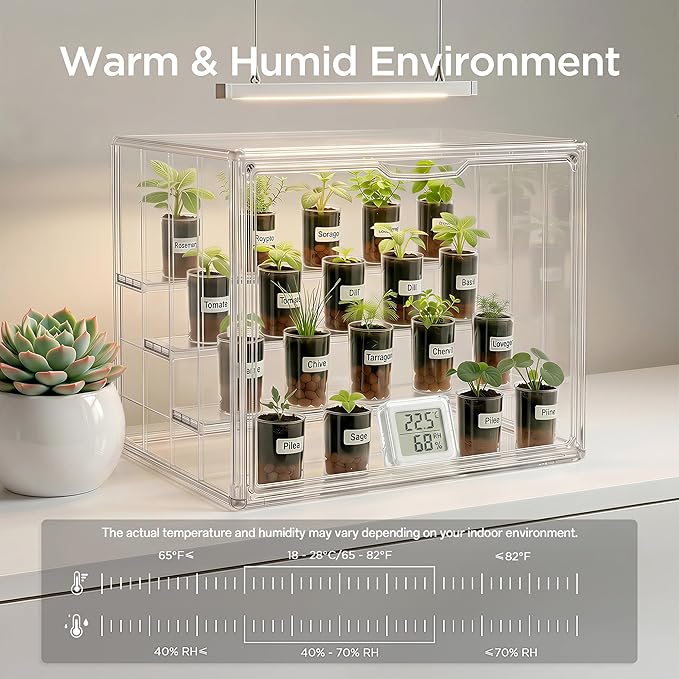 HBlife Mini Greenhouse for Indoor, Clear Stackable Green House with Magnetic Door & Adjustable Drainage Dividers, Tabletop Portable Greenhouse for Small Plants Nursery Germination and Display, 1 Pack
