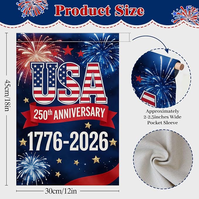 250 Anniversary USA Garden Flag, Double Sided Waterproof Patriotic USA Flag 1776-2026, Outdoor Yard Decor (12x18'')