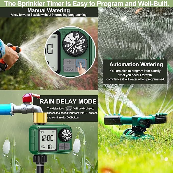 Water Timer for Outdoor Garden Hose, Sprinkler Timer for Garden Faucet with Auto/Manual/Rain Delay Mode, Sprinkler Irrigation Controller for Yard Lawn (1 Zone Brass Inlet & Outlet-2 Pack)