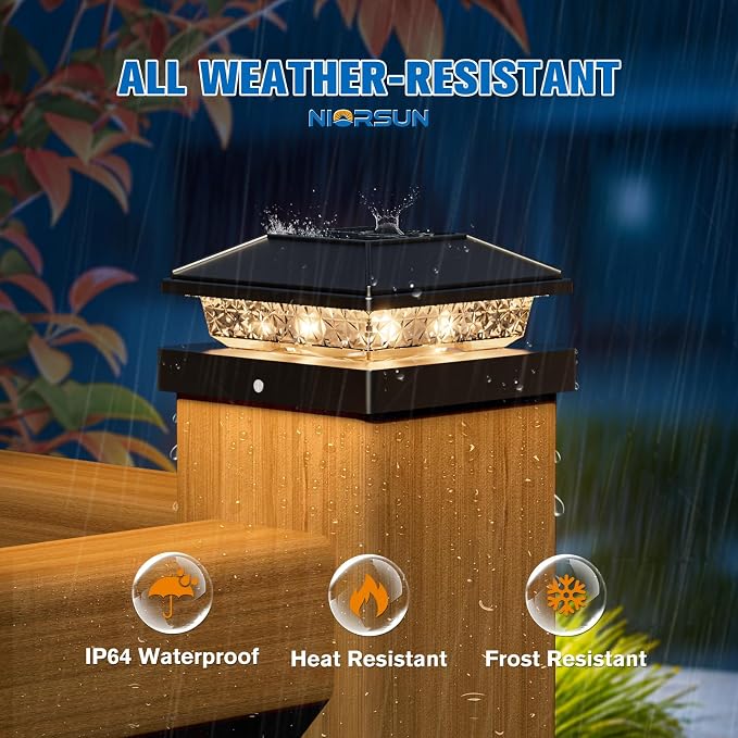 NIORSUN Solar Post Lights Outdoor, Fence Post Solar Lights Warm White, Waterproof, Garden Patio Fence Deck Decor, 4x4 Posts Cap Wood Vinyl, Black 6 Pack