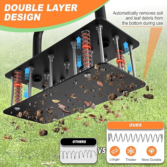 Lawn Aerator Tool, Manual Lawn Aerators with Padded T-Handle, 15 Solid Steel Spikes, Dual-Layer Design for Aeration in Lawn, Yard, Garden Soil (Include Gloves)