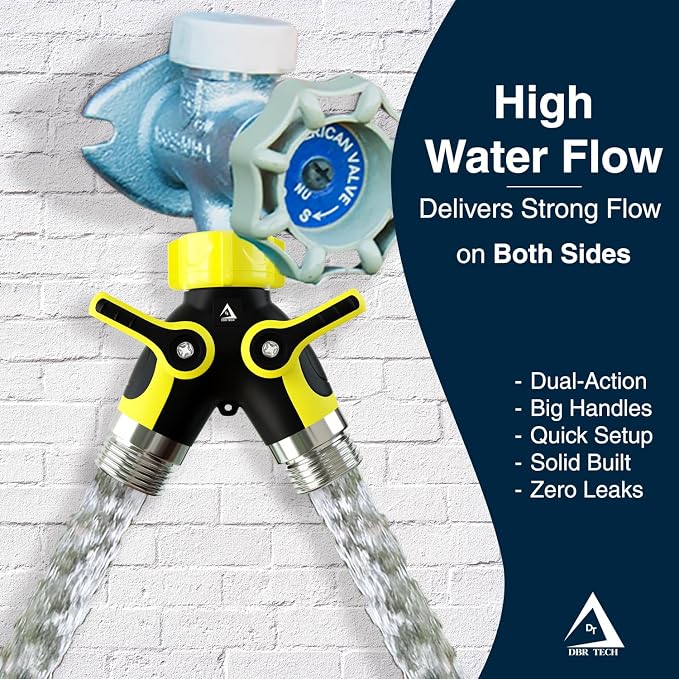 DBR Tech® Hose Splitter 2 Way, Heavy Duty Metal Connector, Two Way Garden Hose Splitter, High Flow Spigot Faucet Bib Adapter, Solid Double Y Shut Off Valve for Outdoor Gardening Hoses, Yellow