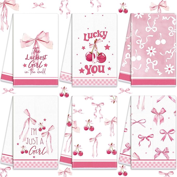 Oudain 6 Pieces Pink Coquette Kitchen Dish Towel Bow Cherry Aesthetic Hand Towels Set for Kitchen Bathroom Decoration Preppy Novelty Pink Gifts for Women