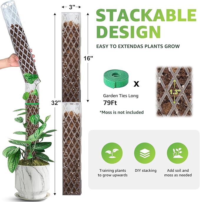 Sisher 6 Pcs Monstera Moss Pole,Plastic Moss Poles for Climbing Plants Work with Sphagnum Moss,6×16'' Plant Support for Indoor Plants,Garden Ties