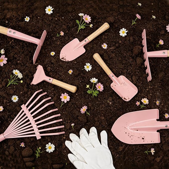 Kids Gardening Set with Wheelbarrow, Metal Kid Gardening Tools Set with Long Handle Tool, Hand Tool & Gloves, Backyard Gardening Tools for Kids Outdoor Play Birthday Gifts