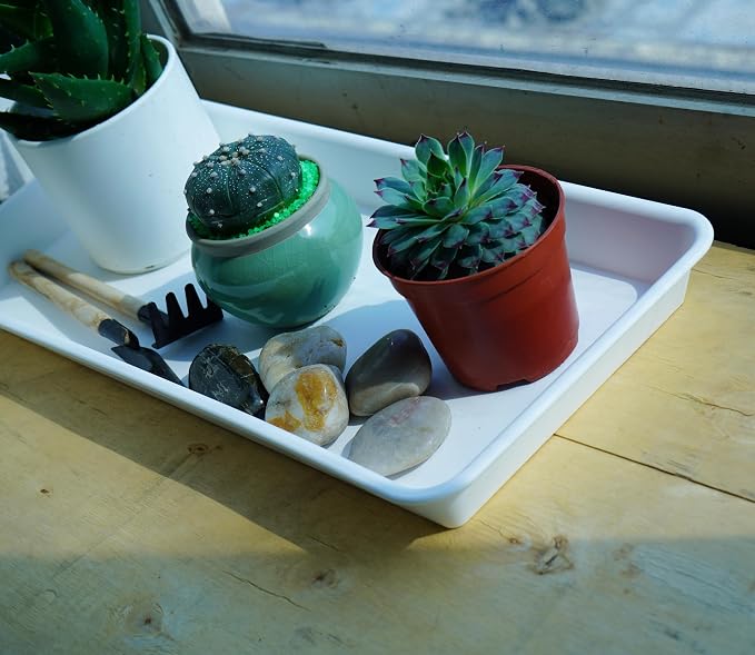 VUWEZ 2 Pack of Plastic Plant Tray Saucer Rectangular 14 inch, Planter Trays Saucers for Indoors Outdoor, Plant Water Drip Trays for Flower Pot, Windowsill Planter Tray (6.8 X 14.5'', Cream White)
