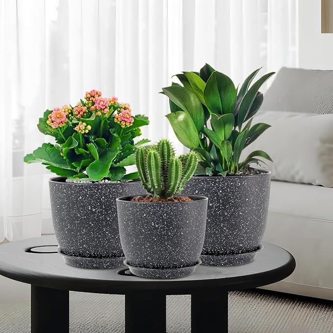 WSMKSZ 9/8/7.5 inch Plant Pots, Set of 3 Modern Decorative Plastic Planters with Drainage Holes and Saucer for Garden House Plants, Flower Pots for Indoor Outdoor Plants, Speckled Black