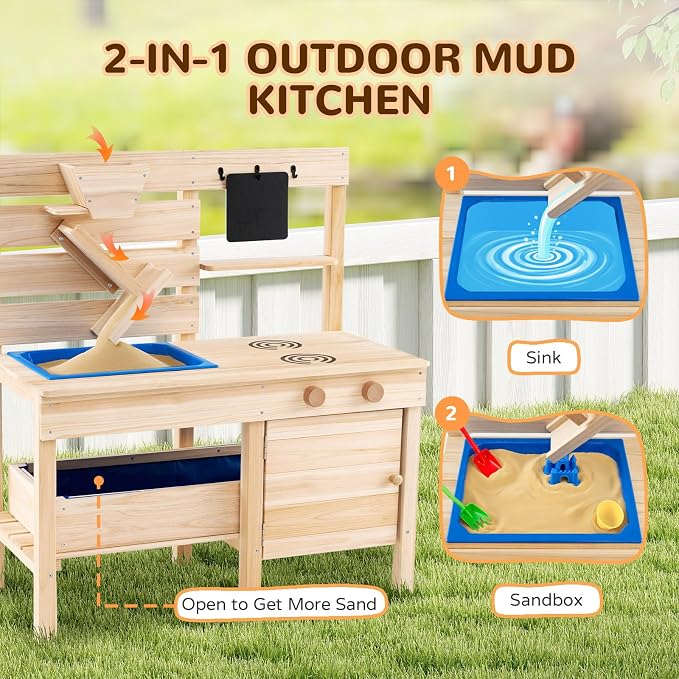 Costzon Mud Kitchen for Kids, Outdoor Play Kitchen w/Detachable Sandbox, Stoves, Sink, Chalkboard, Sand Funnel & Storage Shelf, Wooden Mud Table, Backyard Garden Toy Gift for Boys Girls Aged 3-8