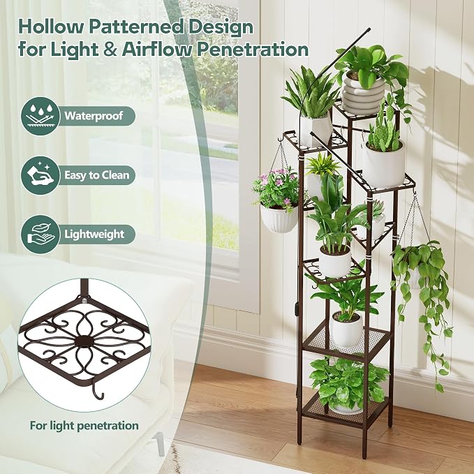 Quikraen 8 tiers Metal Plant Stand with Grow Lights, Tall Lighted Corner Plant Shelf for Indoor Plant Growing,Flower Pot Holder, Plant Rack for Home Decor, Patio (Brown)