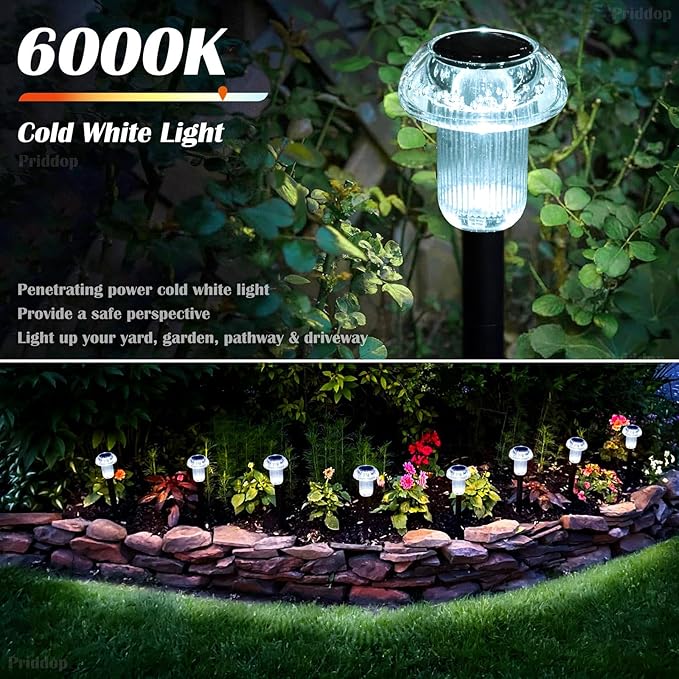 Priddop Solar Lights Outdoor Waterproof 8Pack 6000K Cold White LED Mushroom | Yard Pathway Garden Decorative Outside Landscape Path Lighting Patio Flowerbed Walkway Ground Pattern Acrylic Head ABS Stake