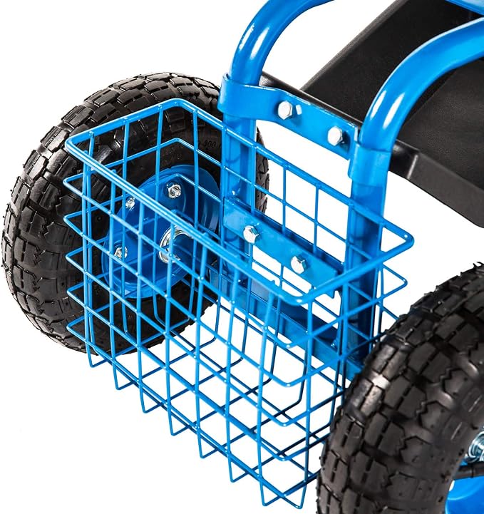 Peach Tree Garden Cart Rolling Work Seat Outdoor Utility Lawn Yard Patio Wagon Scooter for Planting, Adjustable Handle 360 Degree Swivel Seat Blue