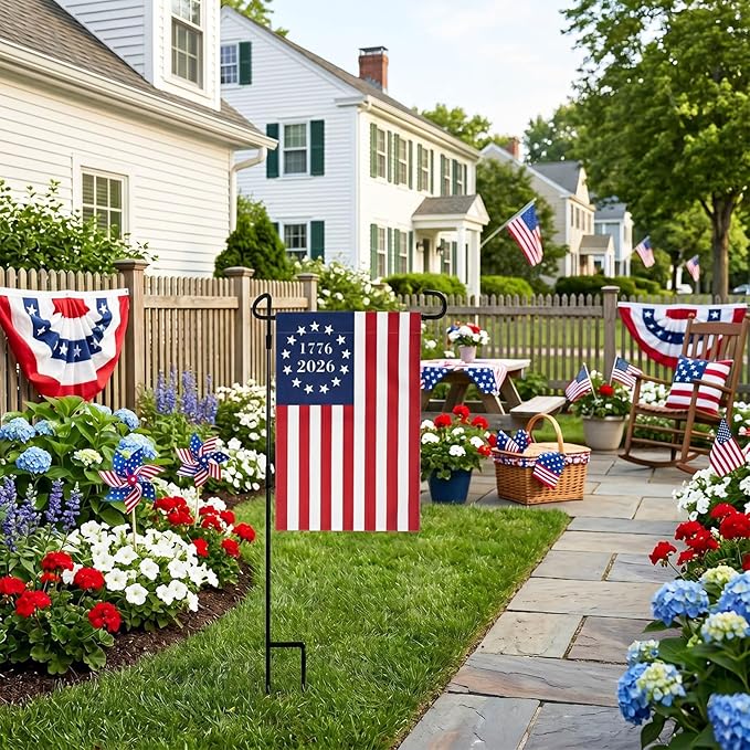 TOPFLAGS Garden Flag Stand with 1776-2026 Betsy Ross Flag Garden Flags 12 x 18 Inch Metal 13 Star Colonial American Bennington Yard Flag Holder Pole Stake Small Flag Stands with Clips and Stopper