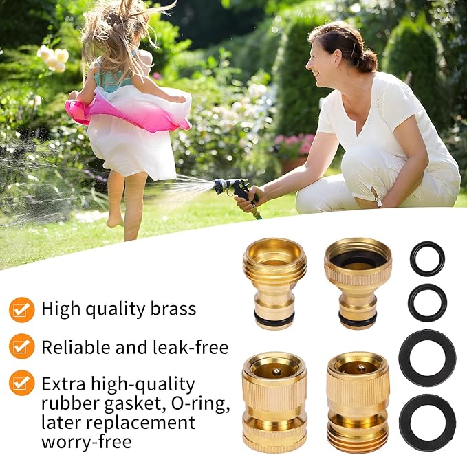 Garden Hose Quick Connect Solid Brass Garden Hose Connector Water Hose Connectors Easy Connect Fittings Standard 3/4 inch GHT, 4 Complete Sets female & Male, Free Washers & Gaskets