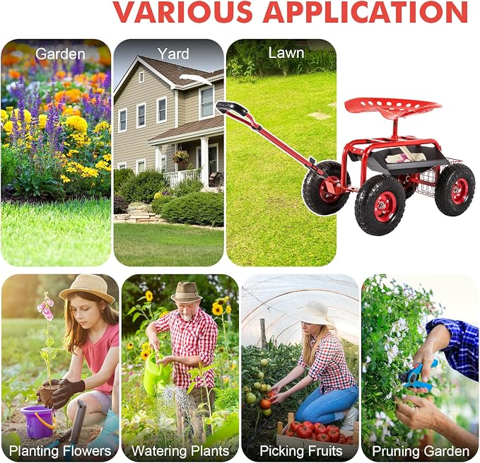 J-Sun-7 Garden Cart with Seat - Steel Rolling Garden Scooter Stool with Wheels, 360 Degree Swivel Work Seat, Adjustable Handle, Tool Tray, Basket, Gardening Stools for Seniors, Red