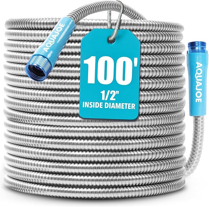 Aqua Joe AJSGH100 1/2-Inch Heavy-Duty, Puncture Proof Kink-Free, Spiral Constructed 304-Stainless Steel Metal, Garden Hose, 100-Foot
