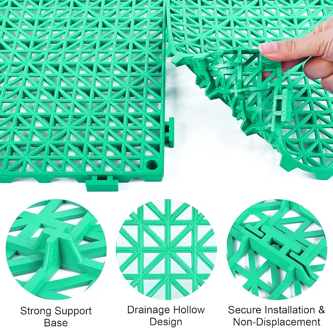 MYFAMIREA Modular Interlocking Cushion 12 Pack 11.8" x 11.8" Rubber Floor Tiles Non-Slip Splicing Drainage Mats for Deck, Pool, Outdoor Shower, Patio, Balcony, Indoor Bathroom, Kitchen, Yard (Green)