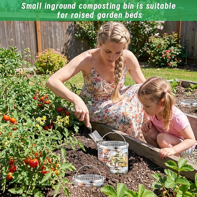 UNIFAMILY 4pack Inground Worm Composting Bin, Stainless Steel Outdoor Compost Bin with Handle, Worm Composter, Worms Bins for Composting Recycling Kitchen Food Waste