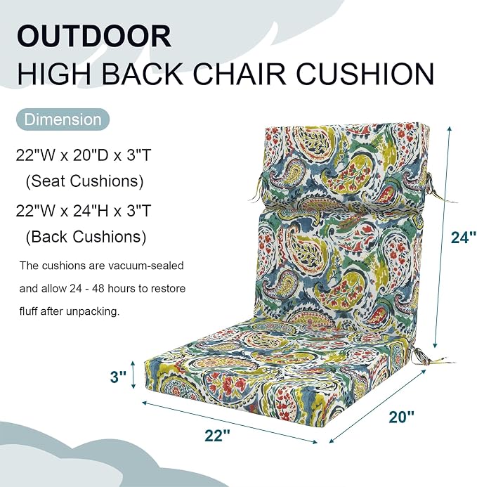 DYTXIII Outdoor High Back Chair Cushions Set of 2, 44"x22" Water Repellent Patio Seat Cushions with Elastic Sponge, All Weather Chair Pads for Rocking, Dining, Patio Furniture - Paisley Paradise