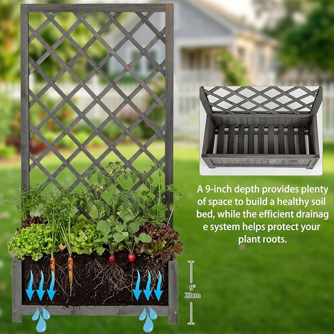 Wooden Raised Garden Bed with Trellis, 47" Outdoor Planter Box for Climbing Plants, Vertical Modern Gray Garden Planter for Vegetables, Flowers & Vines, Lattice Plant Support for Patio Yard Balcony