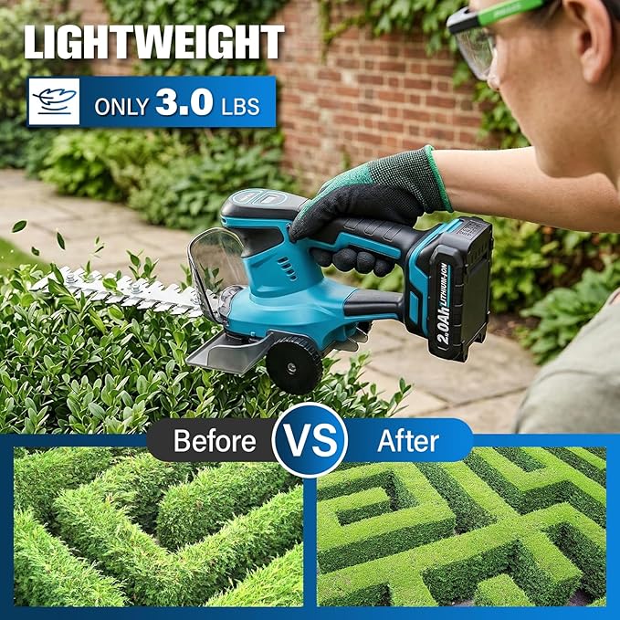 FULLYEA Electric Hedge Trimmer Cordless, 2-in-1 Shrub Trimmer & Grass Shear, Lightweight Bush Trimmer with 2 Blades & 2 * 2.0Ah Batteries, Handheld Grass Trimmer, Battery Powered Hedge Cutter (Blue)