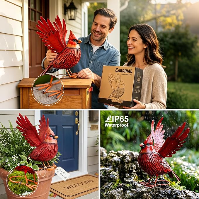 Nacome Cardinal Garden Decor Metal Yard: Art Outdoor Sculptures & Statues Large Red Bird Ornaments for Patio Balcony Front Backyard - Valentines Day Gifts for Her Wife Women Mom Grandma Birthday