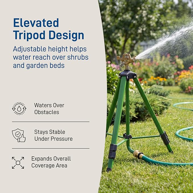 Orbit Tripod Lawn Zinc Impact Sprinkler - 360 Degree Rotating Yard Sprinkler with Adjustable Height - Heavy-Duty Zinc - High-Pressure Nozzle - for Large Lawn Coverage - 56667