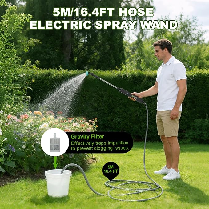 22.1'' Electric Sprayer Wand, Adjustable Nozzle, 16.4FT Hose, Upgrade Rechargeable Battery ensure Long Runtime, Lightweight Cordless Wand for Weed Control & Plant Watering