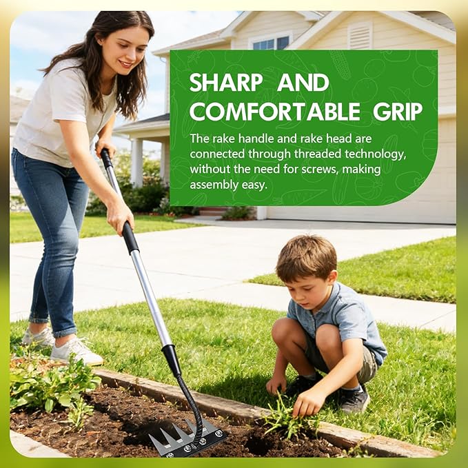 Garden Hand Rake Tool Carbon Steel, Long Handle Weeding Garden Rake, Forged Iron Weeding Rake, Thickened 5 Teeth Carbon Steel Garden Weeding and Leaf Removal Tools