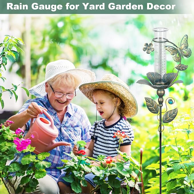 shumi Rain Gauge Outdoor Butterfly, Upgraded Glass Rain Gauge Outdoors Best Rated, Freeze Proof Adjustable Height Rain Gauges for Yard Garden Decor, Gardening Gifts for Women