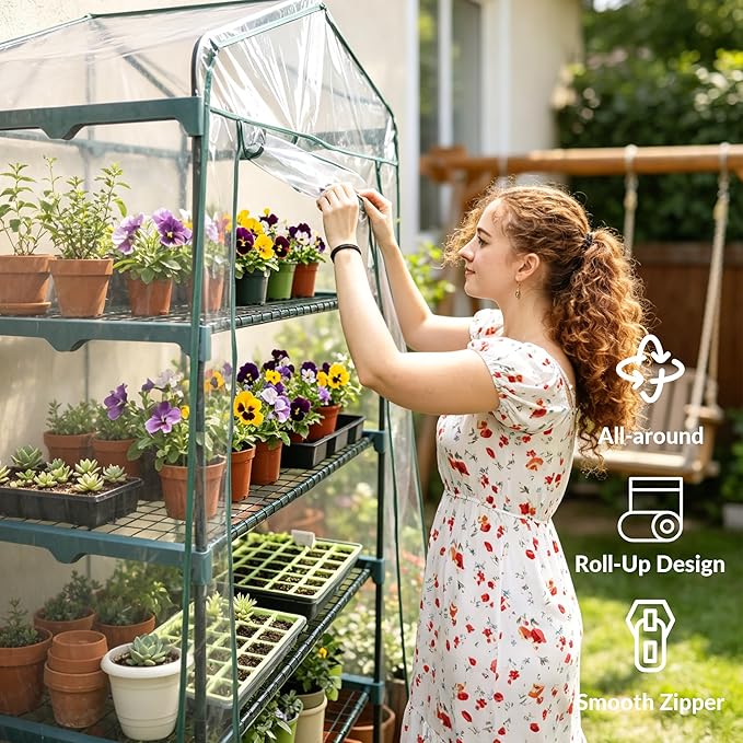KOL 27x19x76 in PVC Cover 5-Tier Mini Greenhouse, Indoor Outdoor | Portable seed starter plant stand, winter orchid frost protection, apartment balcony patio