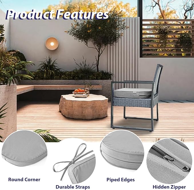 IPYNBAP Outdoor Chair Cushions Set of 4 -Waterproof Outdoor Seat Cushions for Patio Furniture, Patio Chair Cushion with Handle and Ties, Out Door Chair Pads,17x16x2-Round, Grey