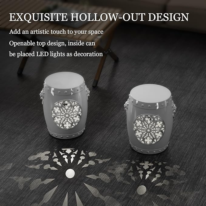 EasyUp Faux Ceramic Garden Stool, Decorative Drum Design, for Patio and Garden (White New)