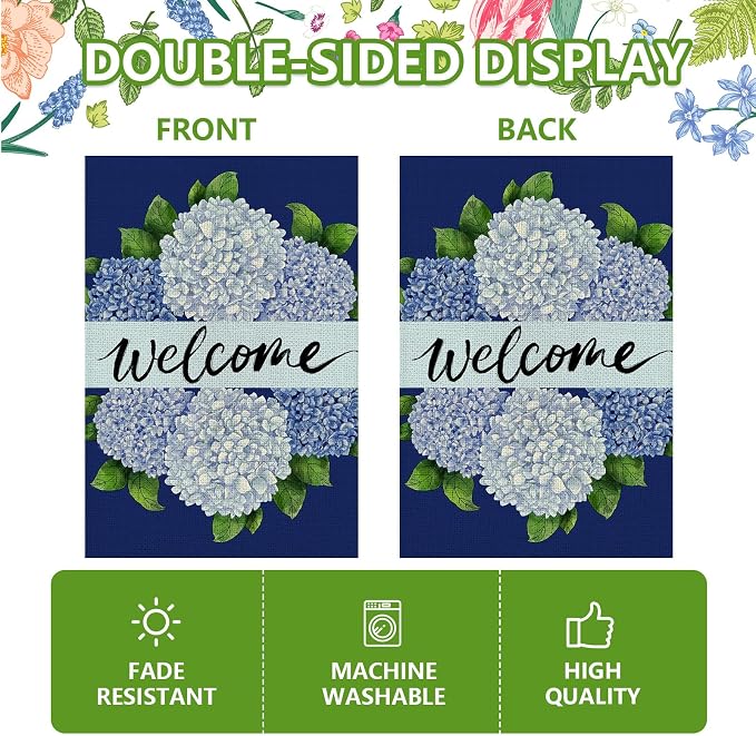 Spring Summer Garden Flag 12x18 Inch Double Sided, Hydrangea Floral Welcome Flag for Yard Outdoor Decoration