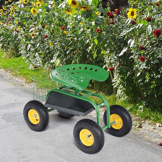 Giantex Rolling Garden Work Seat, 360 Swivel Gardening Workseat with Wheels, Tool Basket, Adjustable Height, Outdoor Scooter for Sitting, Gardening Stool Chair for Planting Trimming, Green