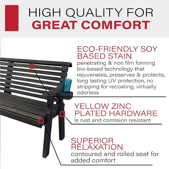 Amish Casual Heavy Duty Pressure Treated 4 Foot Outdoor Garden Bench with Cup Holders - Amish Crafted Roll Back Design in Black Stain, 700 Lb Weight Capacity