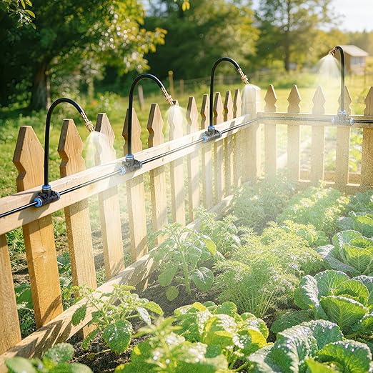 HIRALIY 33FT Garden Watering System with 5 360° Adjustable Copper Mist Nozzles, Quick-Connect Drip Irrigation Kit for Patio Pots, Small Greenhouses and Flower Beds