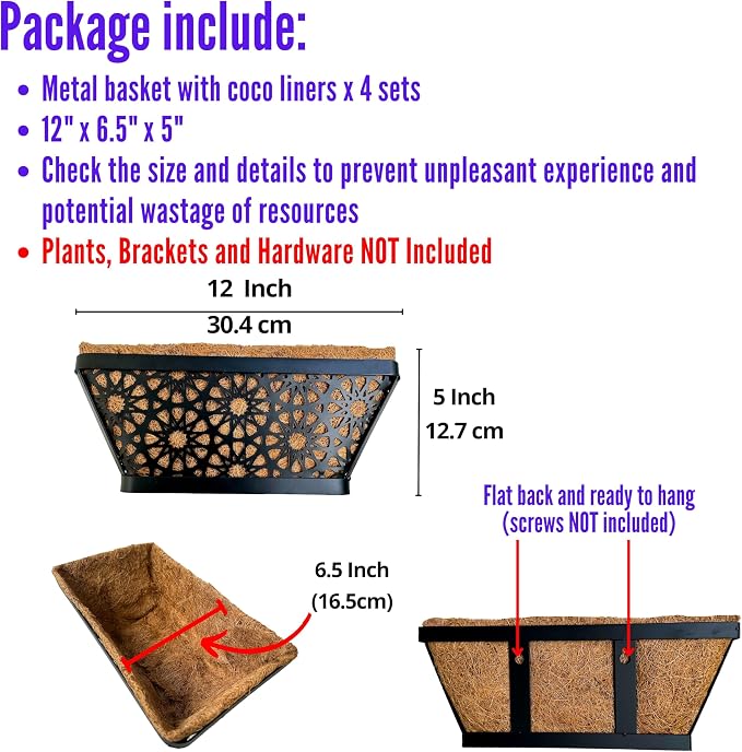 LaLaGreen Window Boxes Planters for Outdoor Plants (12 Inch, 4 Pack) Small and Cute Black Metal Fence Hanging Flower Box Basket with Coco Liner Unique Horse Troughs Balcony Garden Pot Patio Porch Rail