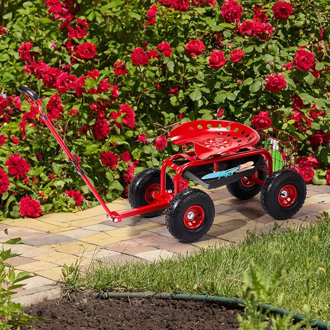 VINGLI Rolling Garden Seat with Wheels, Heavy-Duty Steel Cart for Yard Work and Planting, Best Gardening Tools with 360-Degree Swivel, Red