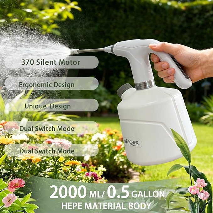 Electric Spray Bottle, 0.5 Gallon Battery Powered Plant Mister with Extended Wand, 2000mAh USB Rechargeable Automatic Garden Sprayer, Adjustable Spout Continuous Water Sprayer for Indoor Houseplants