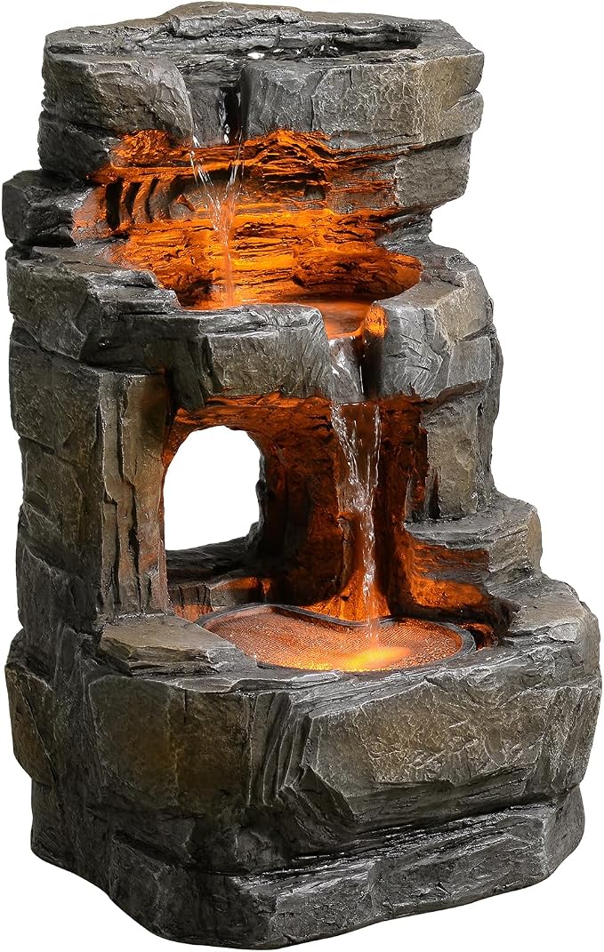 Kalona Outdoor Waterfall Fountain with LED Lights - 3-Tier Resin Rock Water Feature for Garden Patio Backyard, 21.5" Tall Fountain Decor 24392