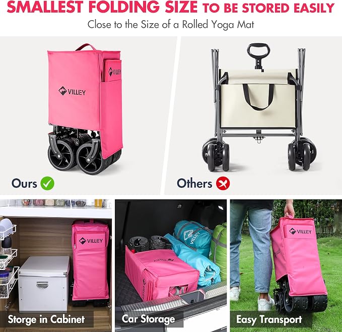 VILLEY Collapsible Folding Wagon with Big Wheels, Enlarged 225lbs Capacity, All Terrain Wagons Carts Heavy Duty Foldable, Portable Utility Garden Cart with 2 Cup Holders and Brake, Pink.