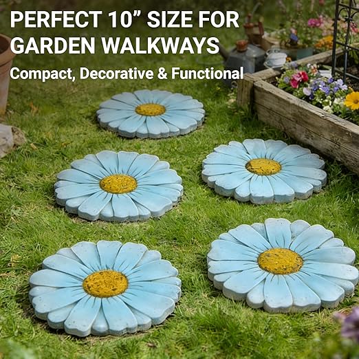 2 Pack Daisy Cement Stepping Stones 10 Inch, Heavy Duty Garden Pathway Stones, Non Slip Outdoor Walkway Decor for Yard Patio Lawn, Weather Resistant Cement Stepping Stones (Blue)