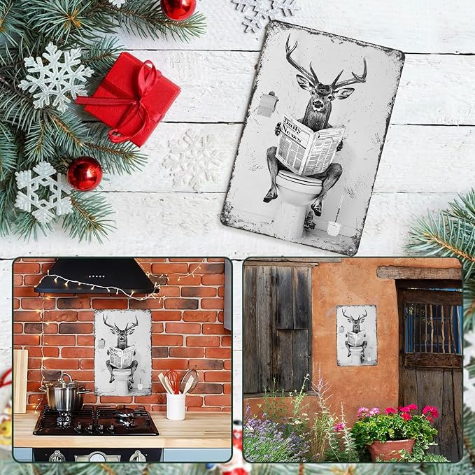 Deer Metal Tin Sign Funny Toilet Vintage Sign for Perfect Black and White Bathroom Decor 12 * 8in