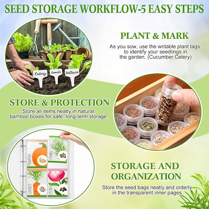 Large Bamboo Seed Storage Organizer with Lid and Locks, Seed Organizer Storage Box with 40 Jars, 50 Envelopes, 100 Plant Labels 60 Stickers & More, 4 Compartments for Garden Seeds